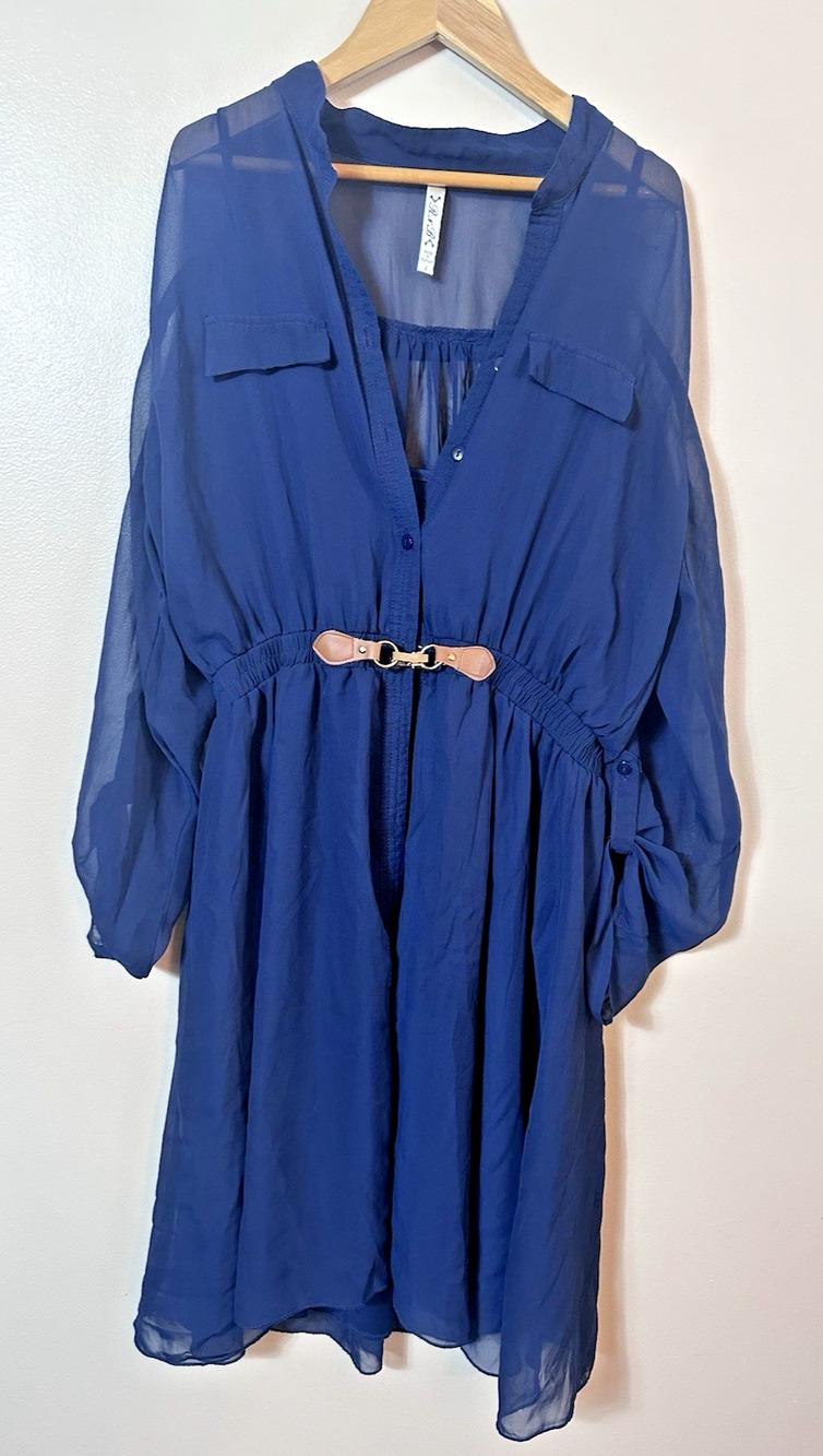 RnB Dress Womens L Blue Chiffon Long Sleeve Sheer Boho Belted Midi Flowy Boho